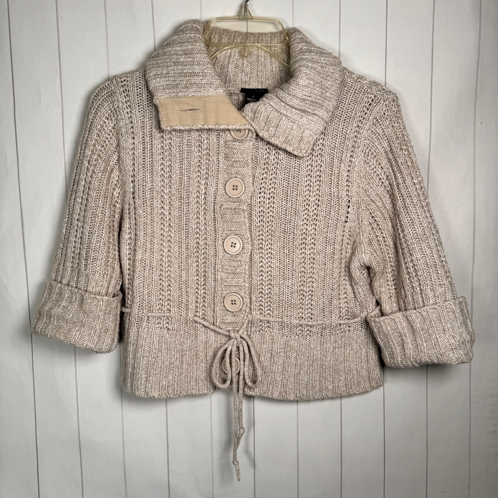 Rue21 Y2K‎ Collared Crop Sweater Button Shrug Tan Acrylic Knit Preppy Cozy JRs L